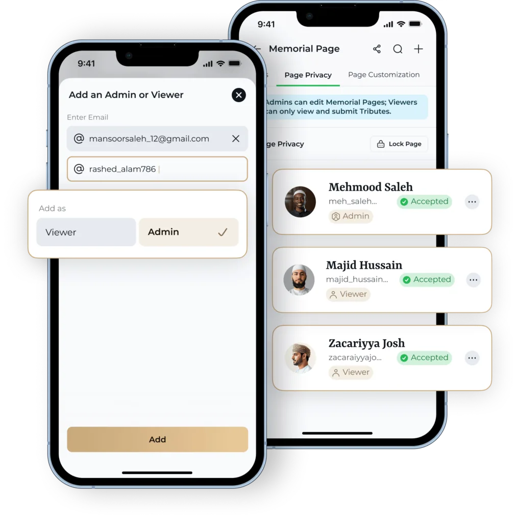 Moments by QR app screens showing access controls for a memorial page