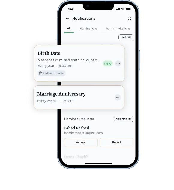Moments by QR app screens showing remembrance notifications