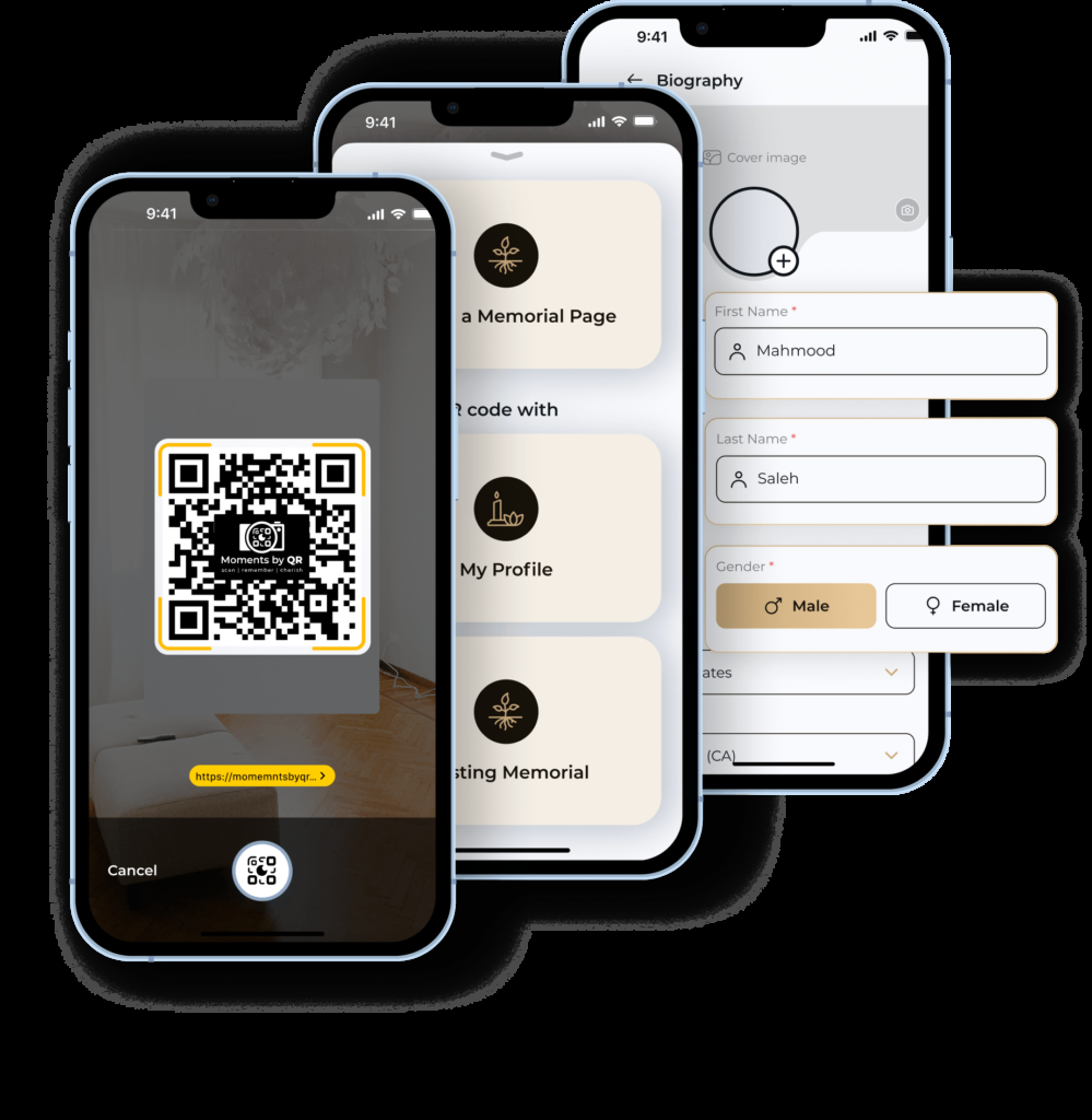 Moments by QR app screens showing a memorial being set up