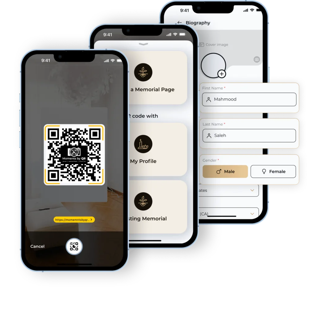 Moments by QR app screens showing a QR code being scanned and a memorial opening